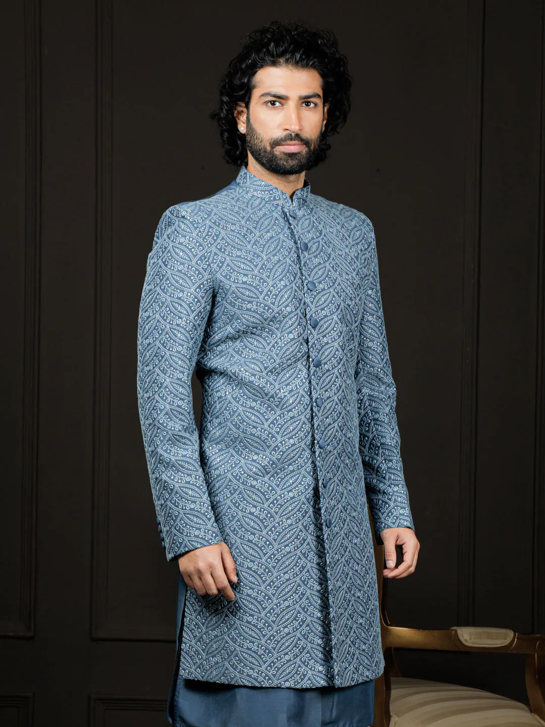 VASTRAMAY Men's Embroidered Blue Sherwani