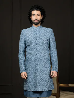 VASTRAMAY Men's Embroidered Blue Sherwani