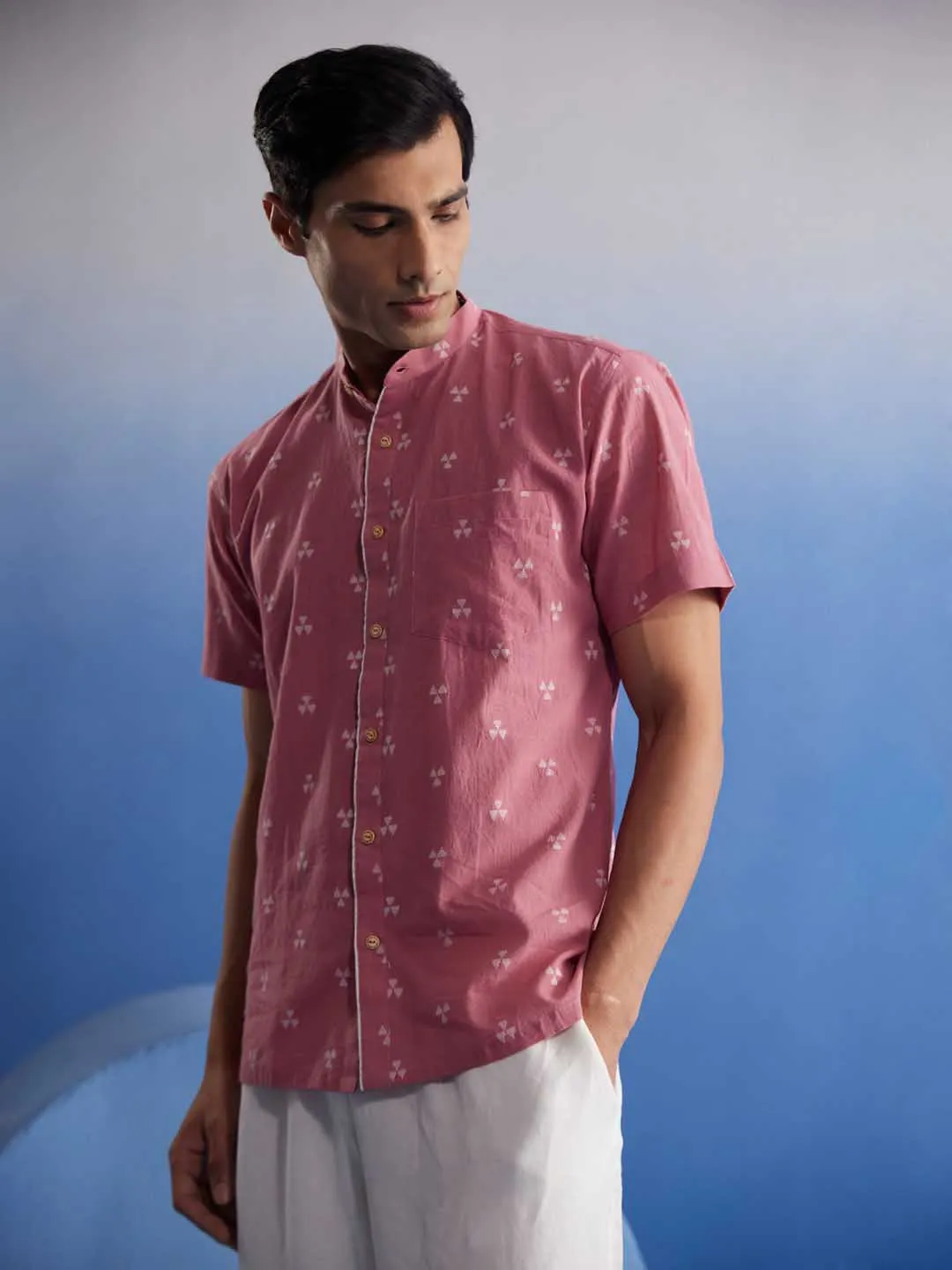 Vastramay Men's Pink Booti Jacquard Cotton Shirt