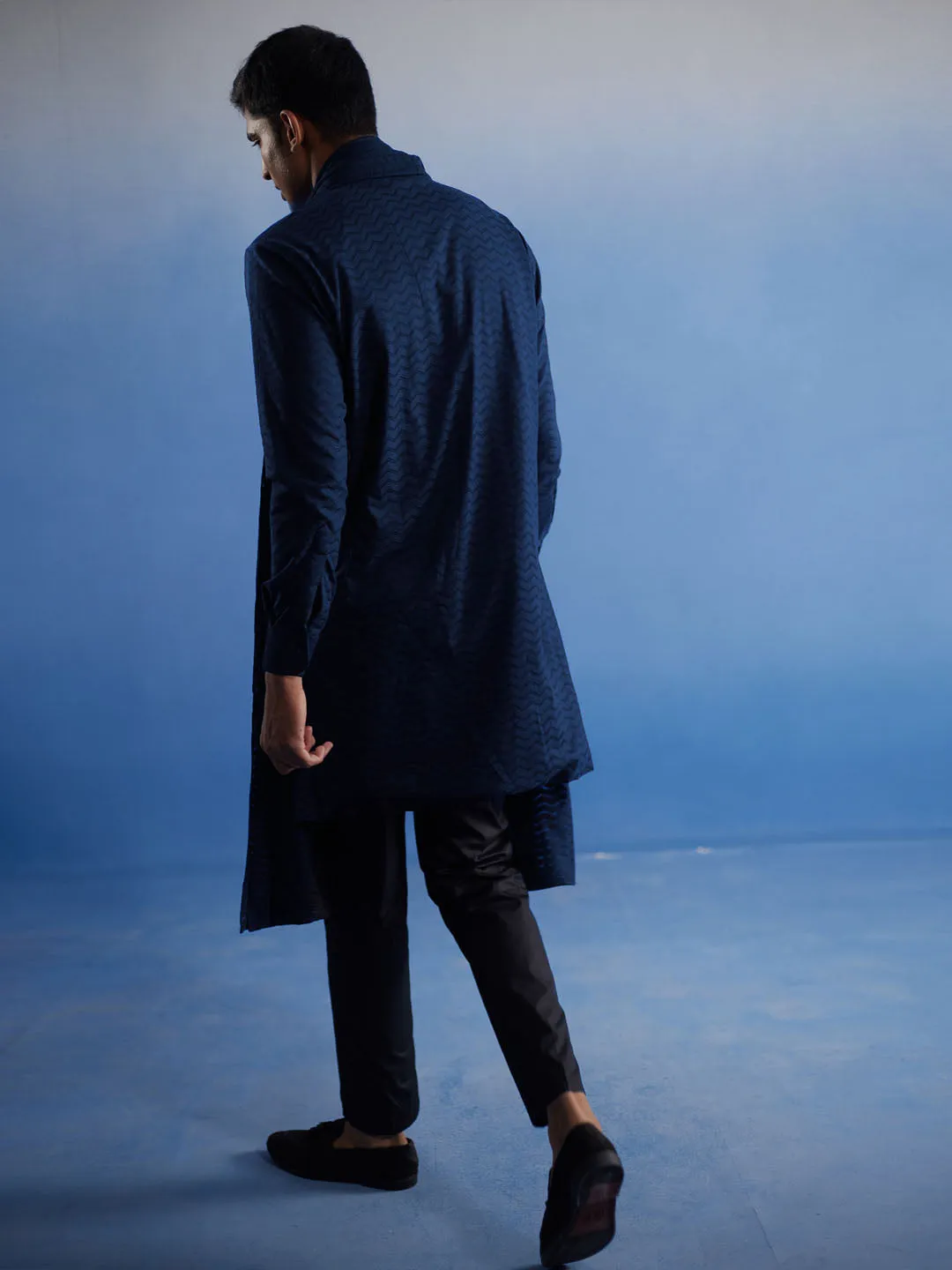 VASTRAMAY Navy Blue Net Kurta