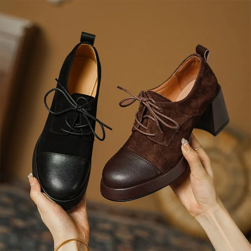 Women Cap Toe Lace Up Leather Chunky Oxford Shoes 65mm Block Heel in Brown/Black