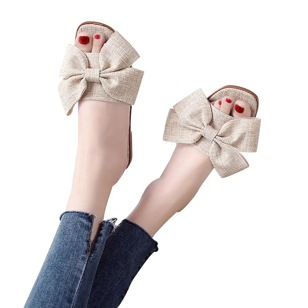 Women Fashion Cloth Bow Flat Heel Square Toe Sandals Slipper Beach Shoes