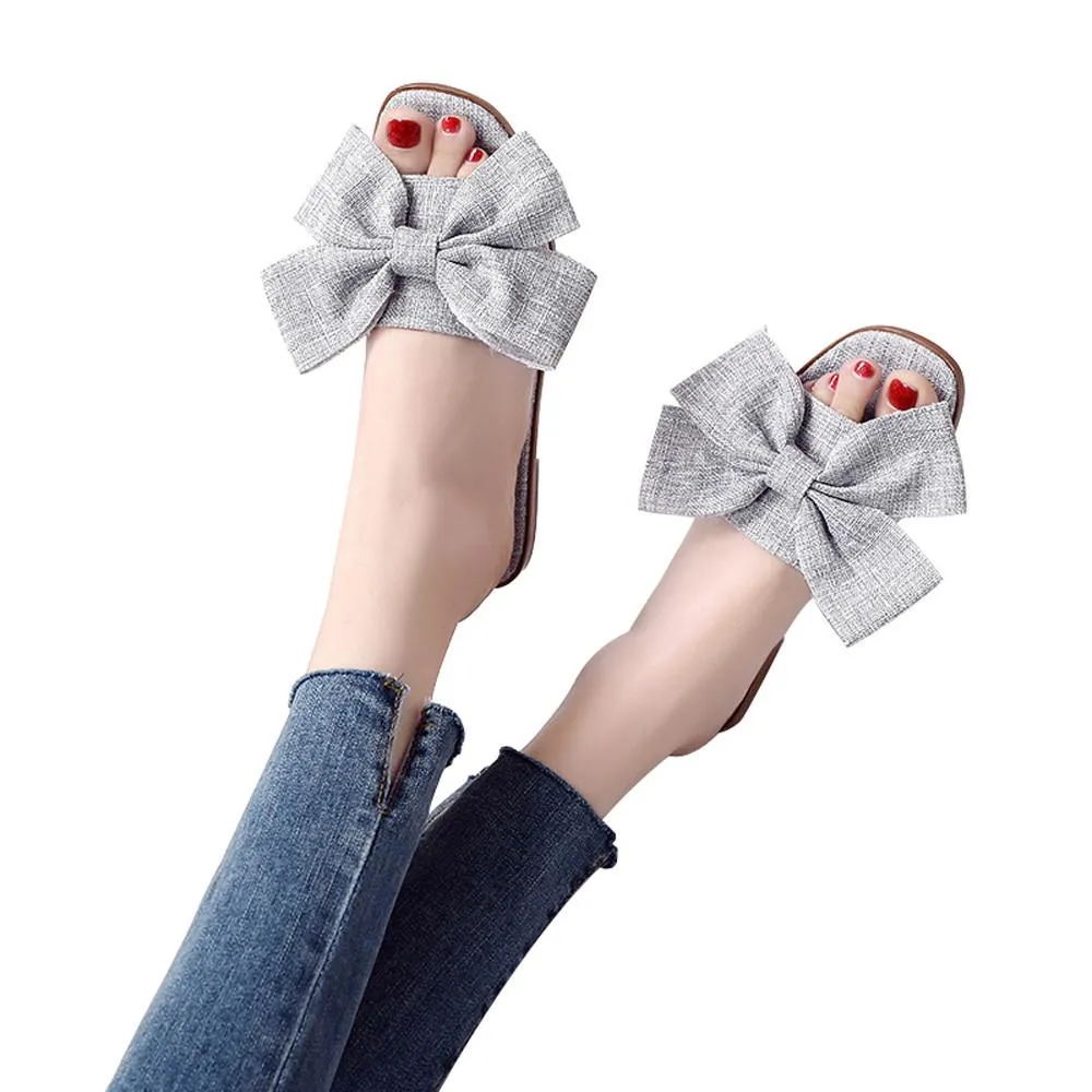 Women Fashion Cloth Bow Flat Heel Square Toe Sandals Slipper Beach Shoes