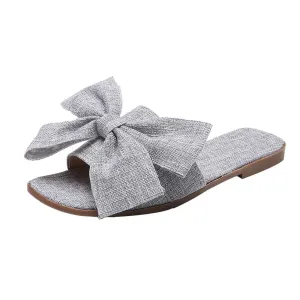 Women Fashion Cloth Bow Flat Heel Square Toe Sandals Slipper Beach Shoes