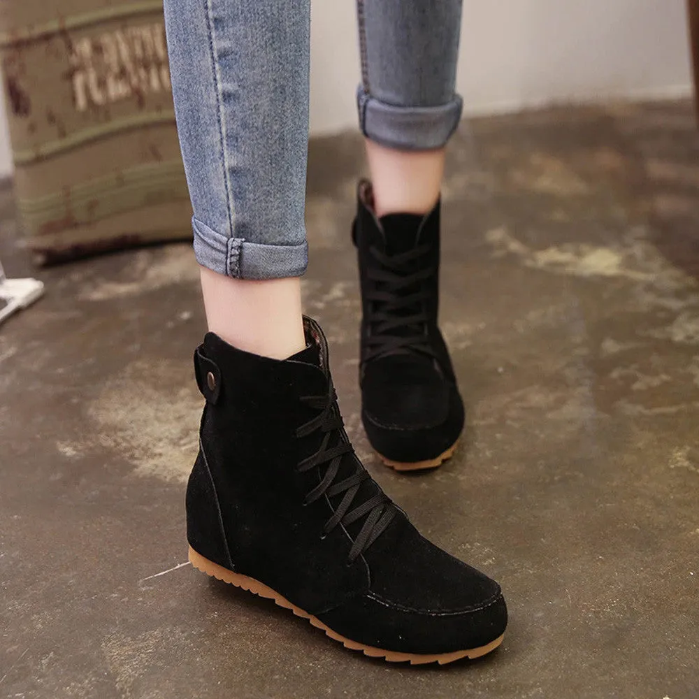 Women Flat Ankle Snow Motorcycle Boots Female Suede Leather Lace-Up Boot