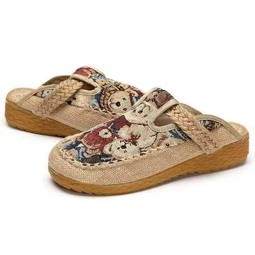 Women Flats Cartoon Flax Outdoor Embroidery Slipper