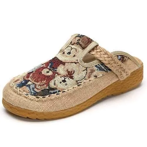 Women Flats Cartoon Flax Outdoor Embroidery Slipper