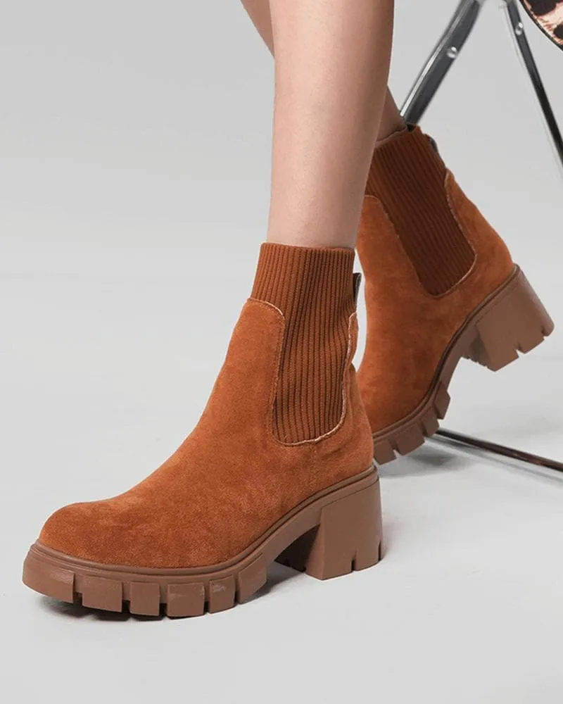 Women's Fashion Outdoor Color-Blocking Round Toe Chunky Heel Ankle Boots