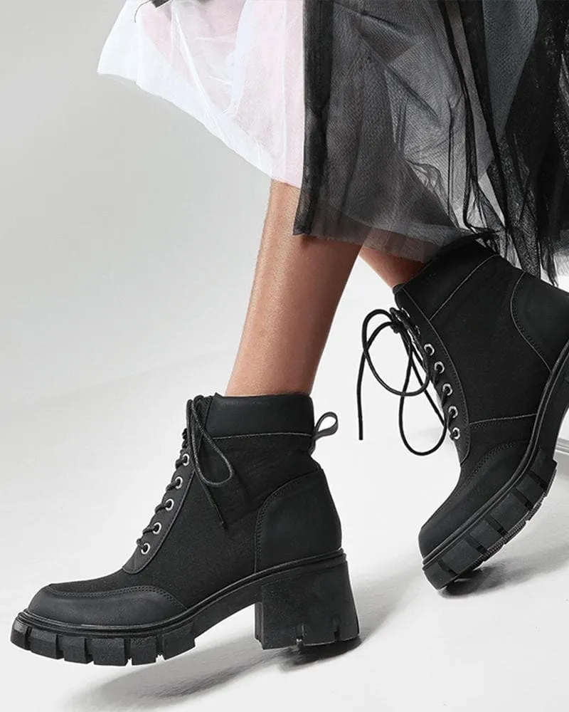 Women's Fashion Outdoor Solid Color Lace-up Chunky Heel Ankle Boots