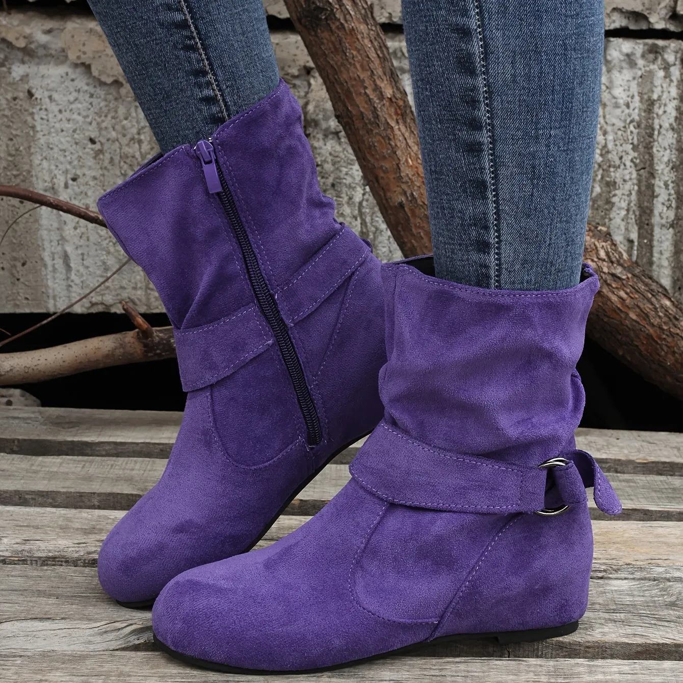 Women's Solid Color Ankle Boots, Round Toe Buckle Belt Side Zipper Boots, Comfortable Outdoor Shoes