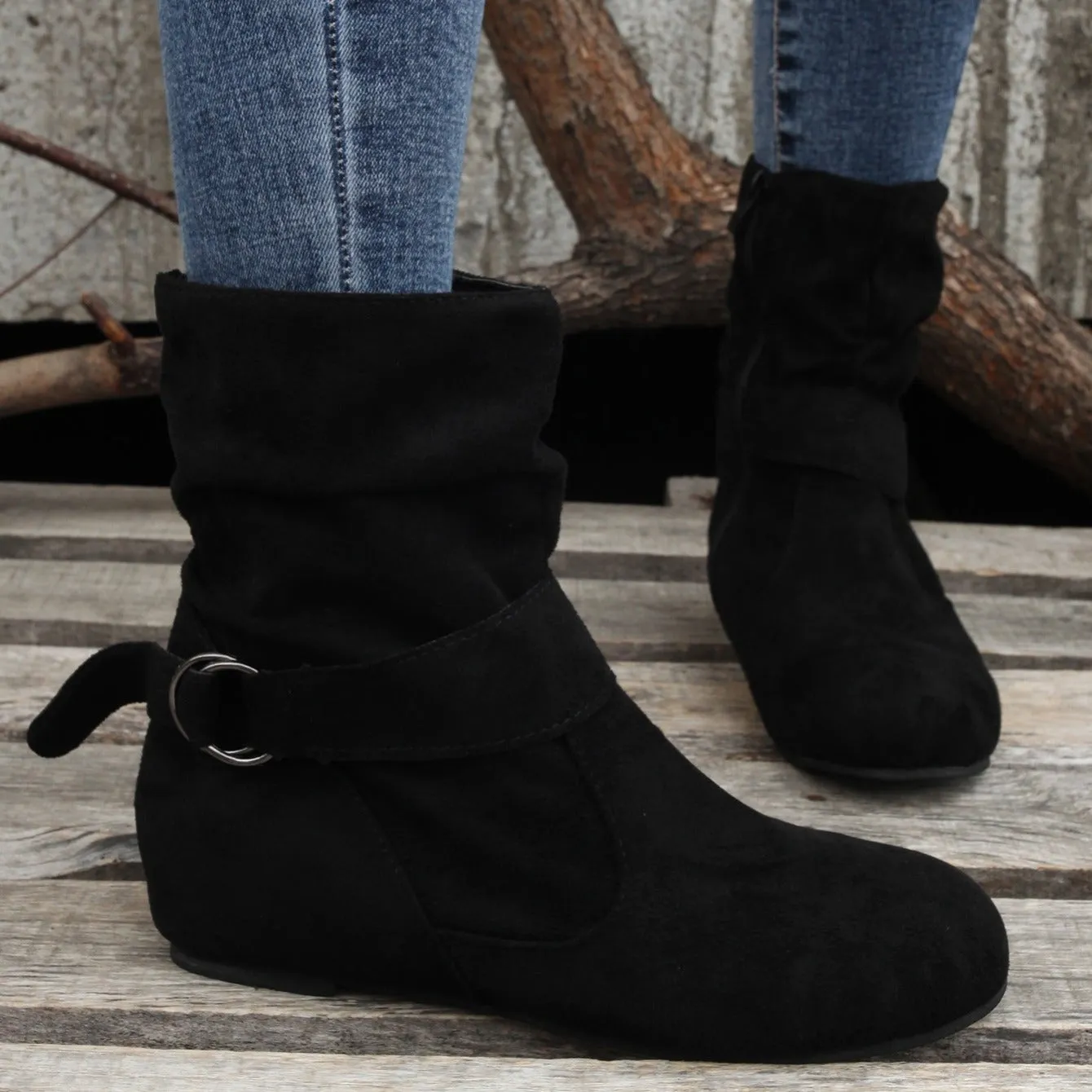 Women's Solid Color Ankle Boots, Round Toe Buckle Belt Side Zipper Boots, Comfortable Outdoor Shoes