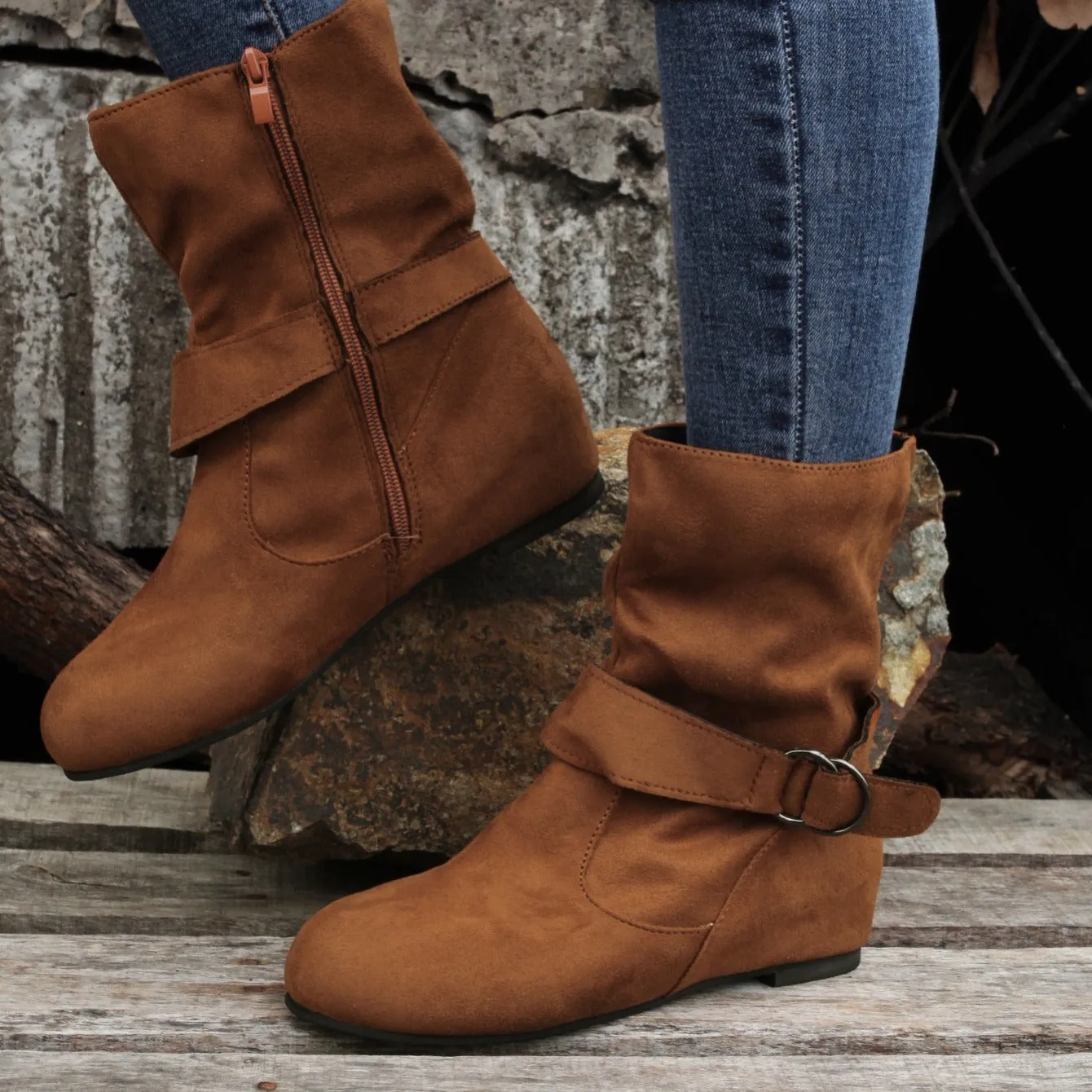 Women's Solid Color Ankle Boots, Round Toe Buckle Belt Side Zipper Boots, Comfortable Outdoor Shoes