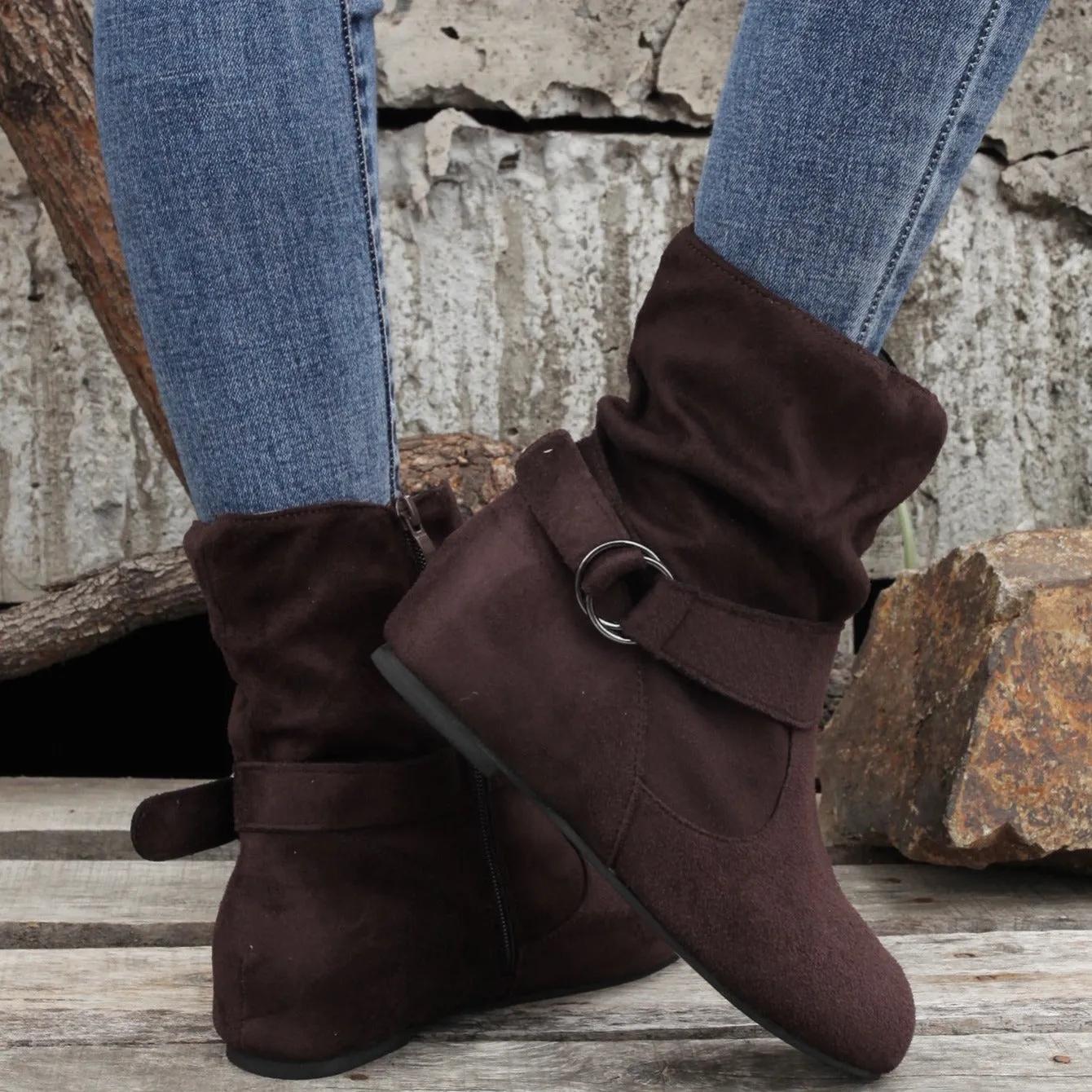 Women's Solid Color Ankle Boots, Round Toe Buckle Belt Side Zipper Boots, Comfortable Outdoor Shoes