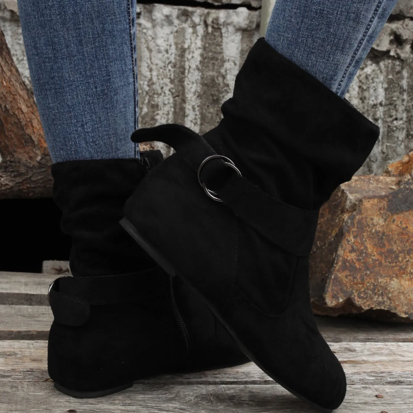 Women's Solid Color Ankle Boots, Round Toe Buckle Belt Side Zipper Boots, Comfortable Outdoor Shoes