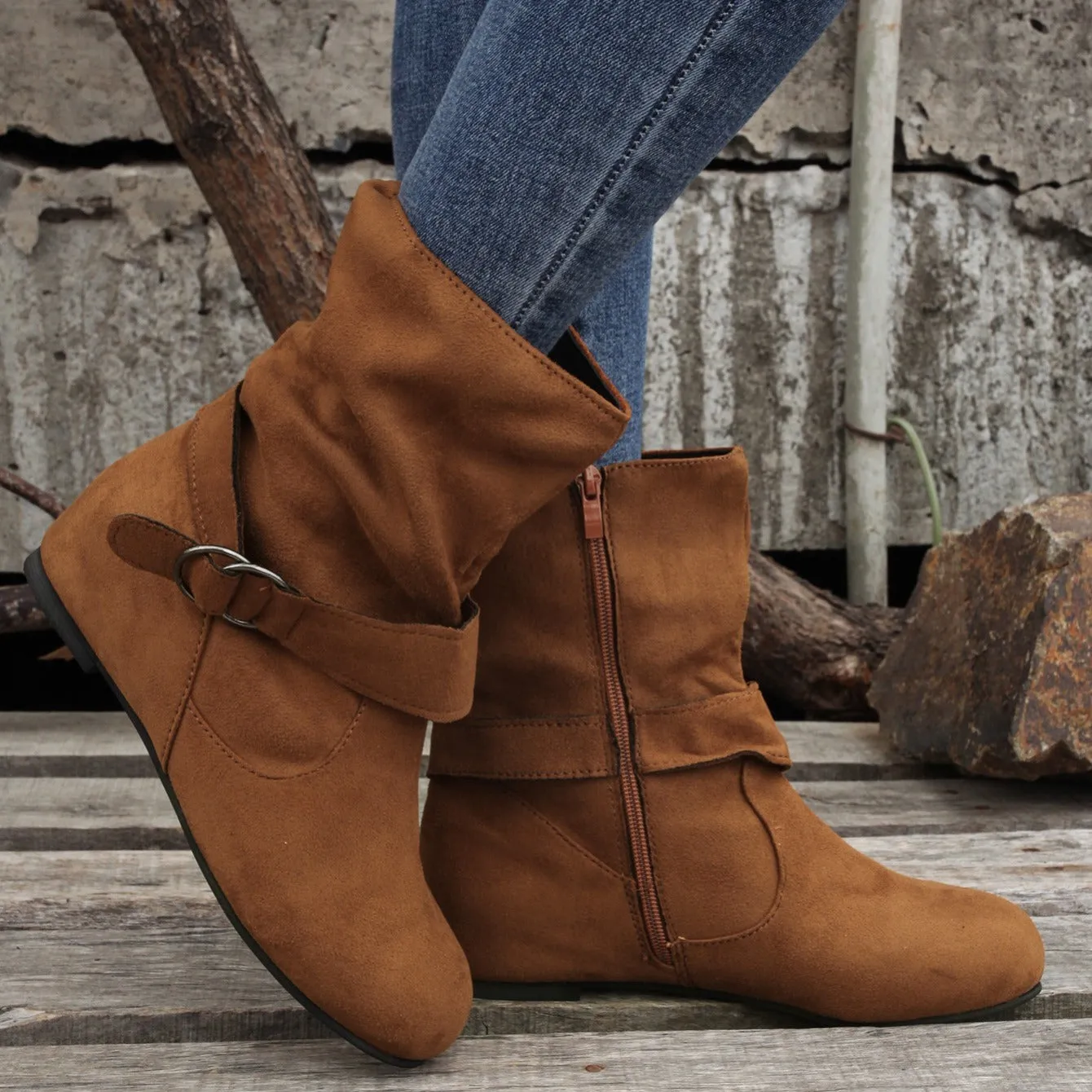 Women's Solid Color Ankle Boots, Round Toe Buckle Belt Side Zipper Boots, Comfortable Outdoor Shoes