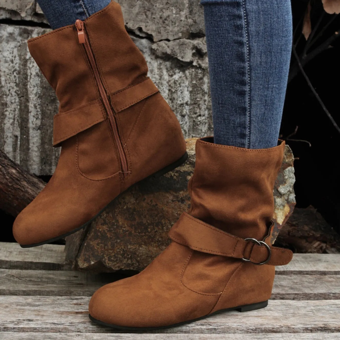 Women's Solid Color Ankle Boots, Round Toe Buckle Belt Side Zipper Boots, Comfortable Outdoor Shoes