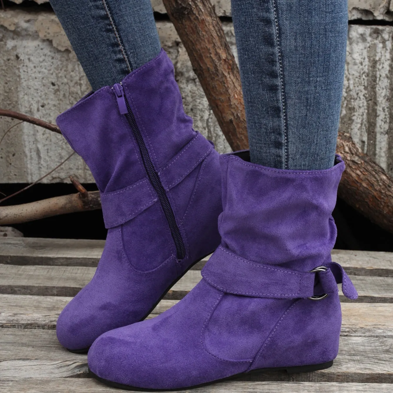 Women's Solid Color Ankle Boots, Round Toe Buckle Belt Side Zipper Boots, Comfortable Outdoor Shoes