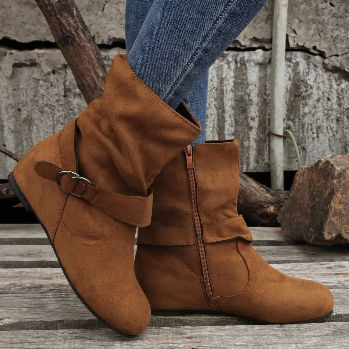 Women's Solid Color Ankle Boots, Round Toe Buckle Belt Side Zipper Boots, Comfortable Outdoor Shoes