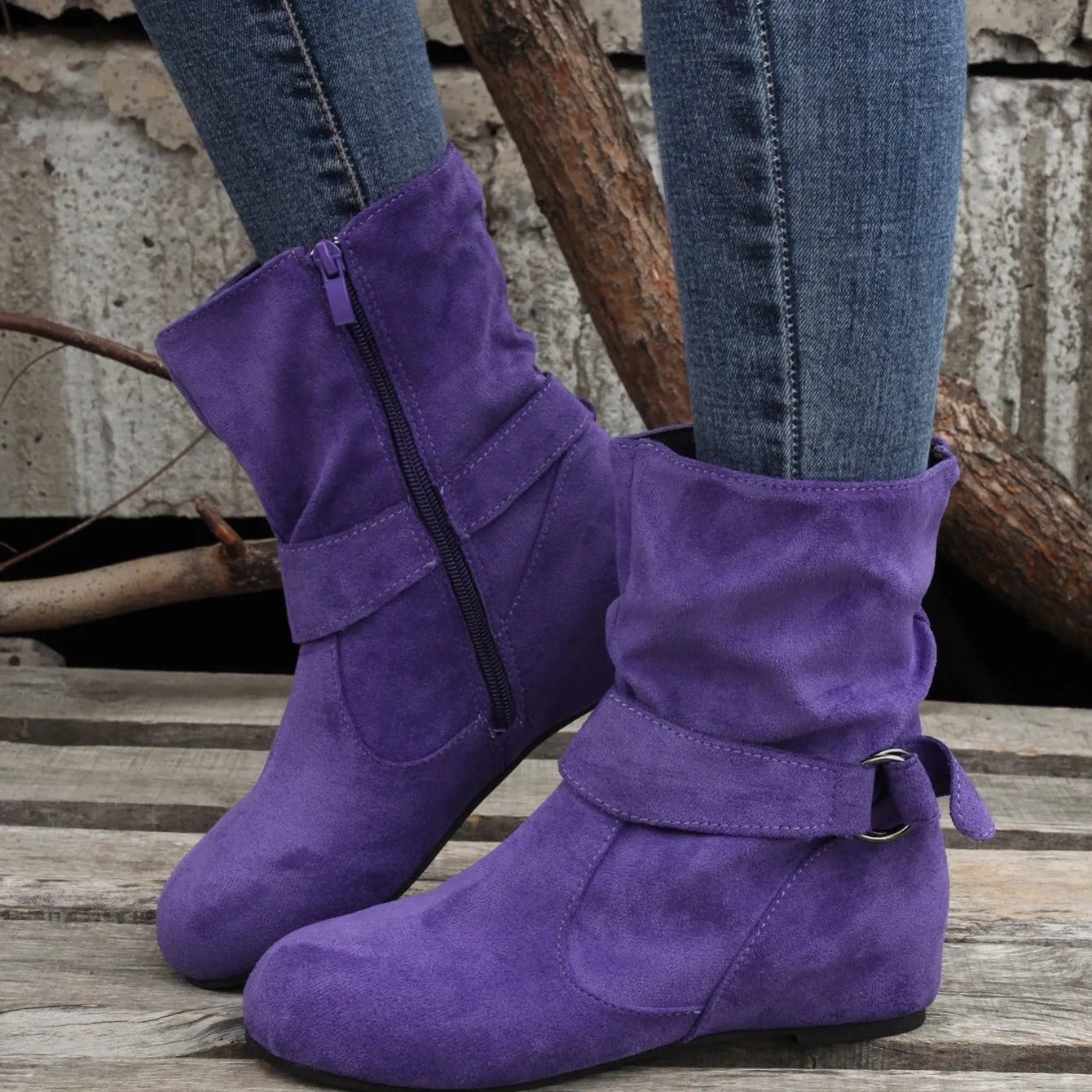 Women's Solid Color Ankle Boots, Round Toe Buckle Belt Side Zipper Boots, Comfortable Outdoor Shoes