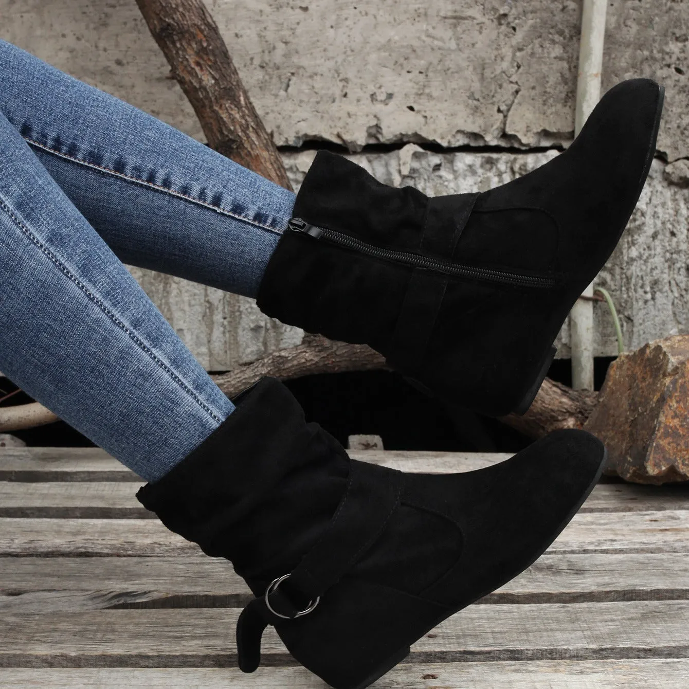 Women's Solid Color Ankle Boots, Round Toe Buckle Belt Side Zipper Boots, Comfortable Outdoor Shoes