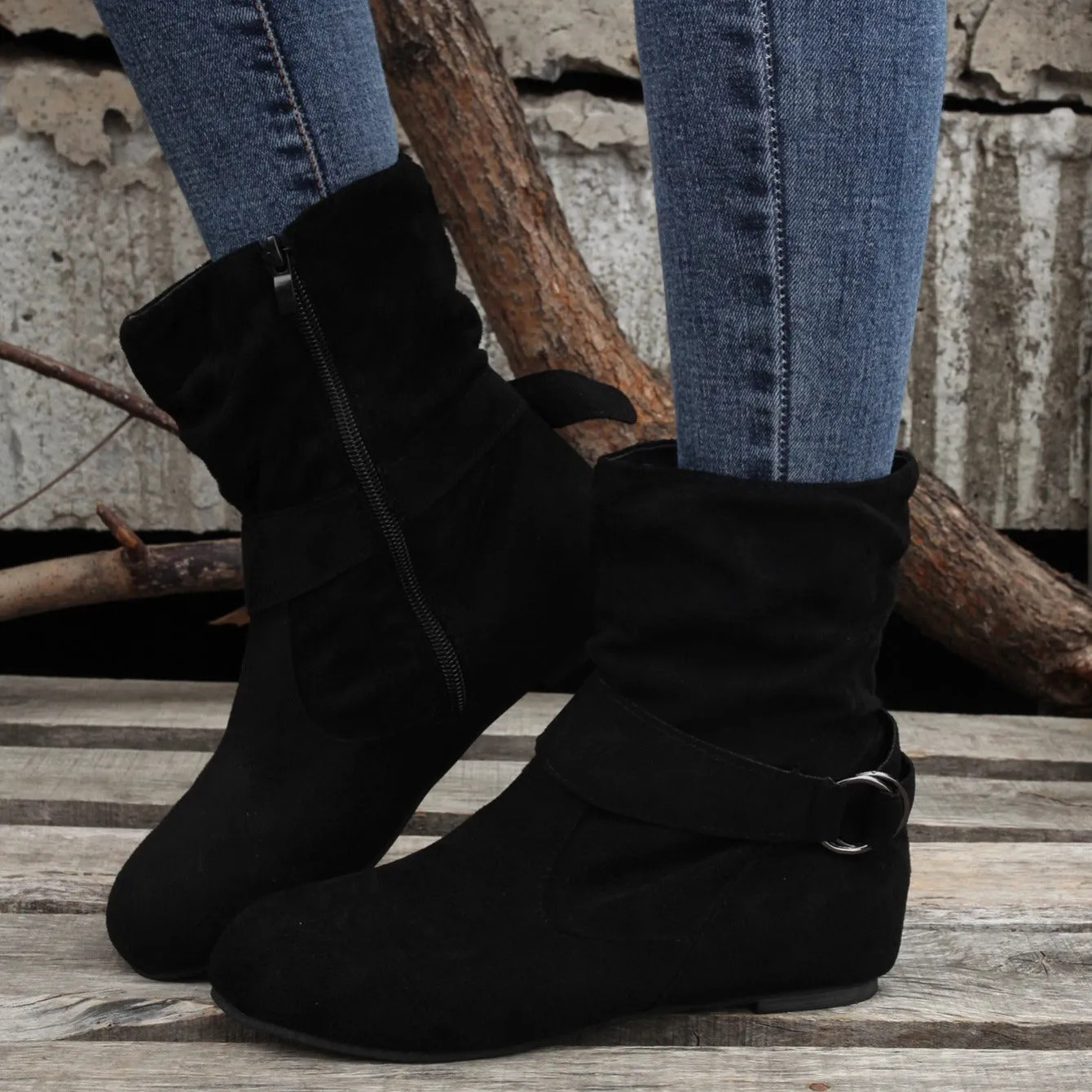 Women's Solid Color Ankle Boots, Round Toe Buckle Belt Side Zipper Boots, Comfortable Outdoor Shoes