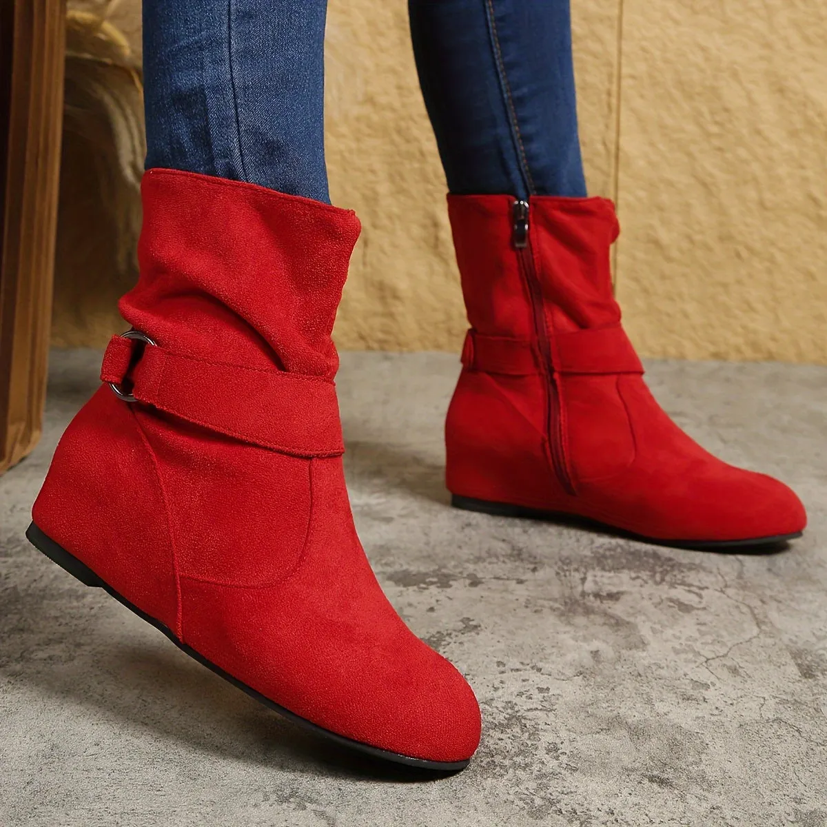 Women's Solid Color Ankle Boots, Round Toe Buckle Belt Side Zipper Boots, Comfortable Outdoor Shoes