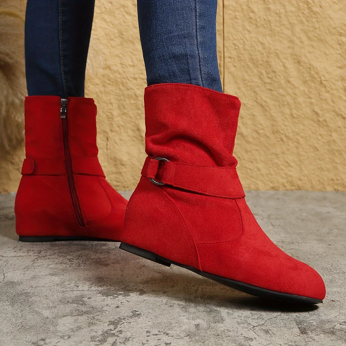 Women's Solid Color Ankle Boots, Round Toe Buckle Belt Side Zipper Boots, Comfortable Outdoor Shoes