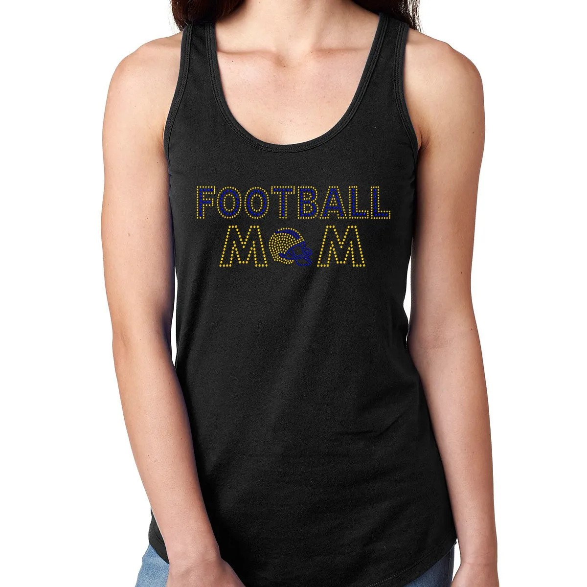 Womens T-Shirt Bling Black Fitted Tee Football Mom Helmet Blue