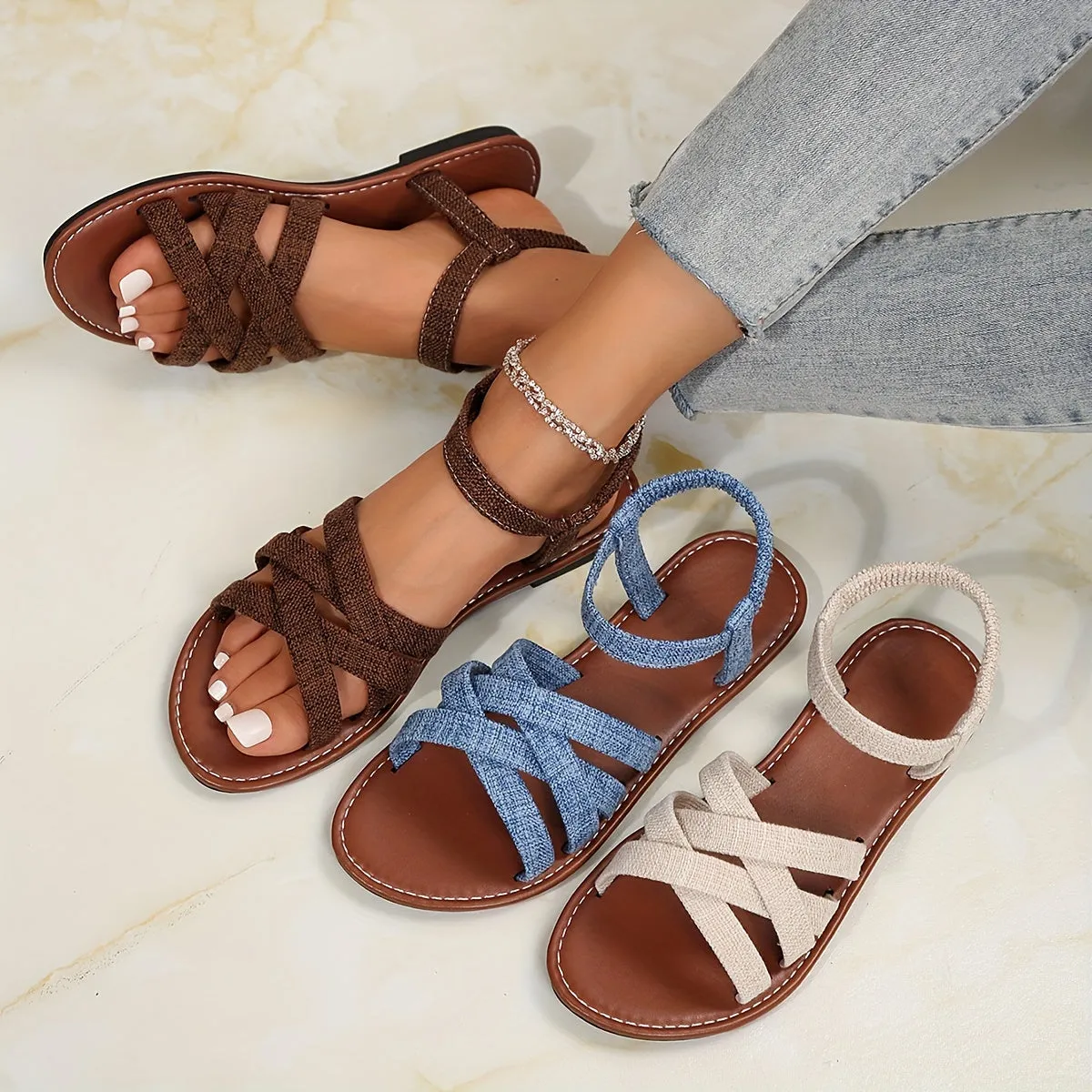 Womens Trendy Crisscross Flat Sandals - Breathable Open Toe, Adjustable Ankle Strap, Ultra-Lightweight for Outdoor Summer Adventures